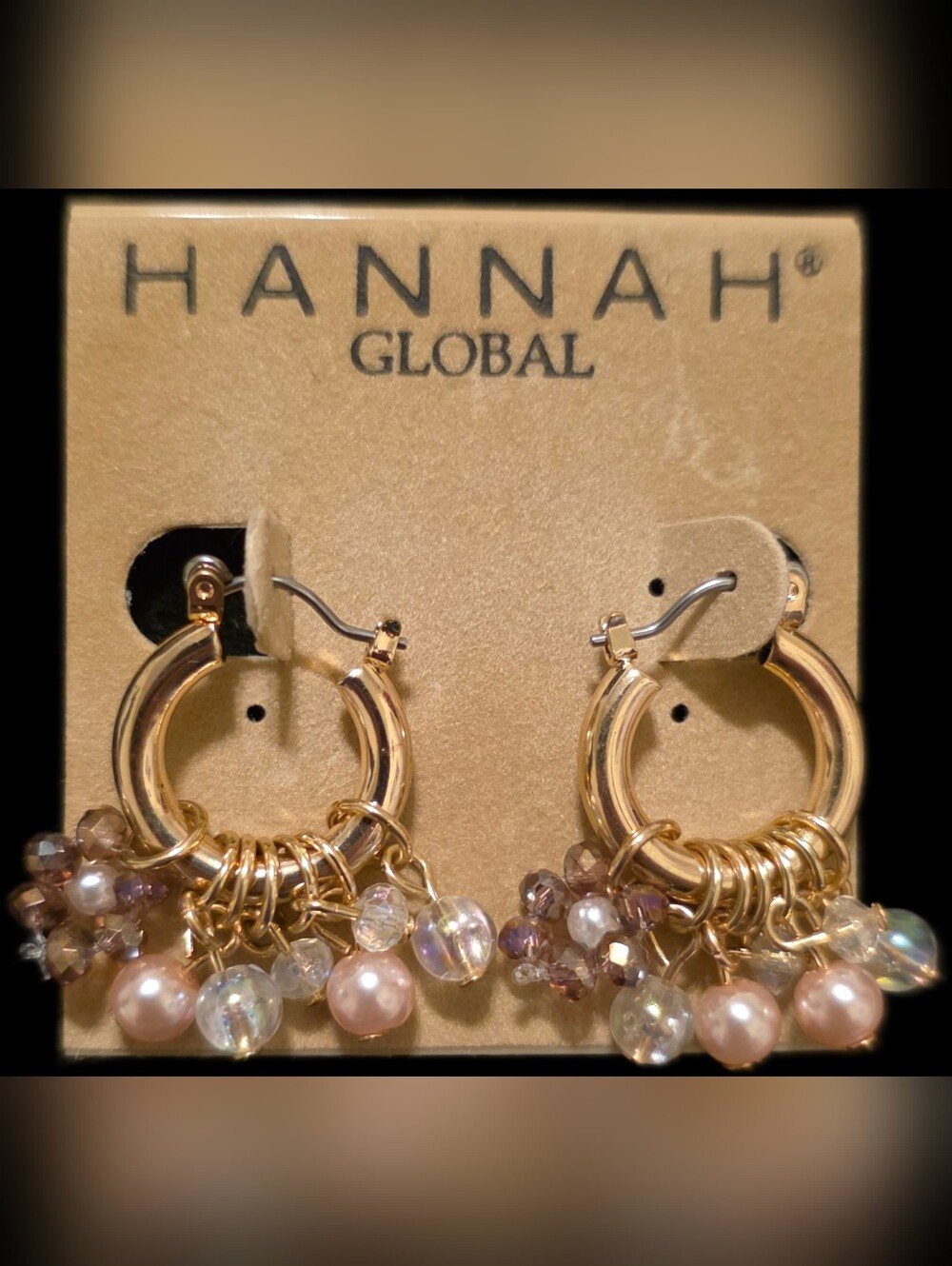 Hoop Earrings w/Pink Faux Pearl & Iridescent Crystal Charms